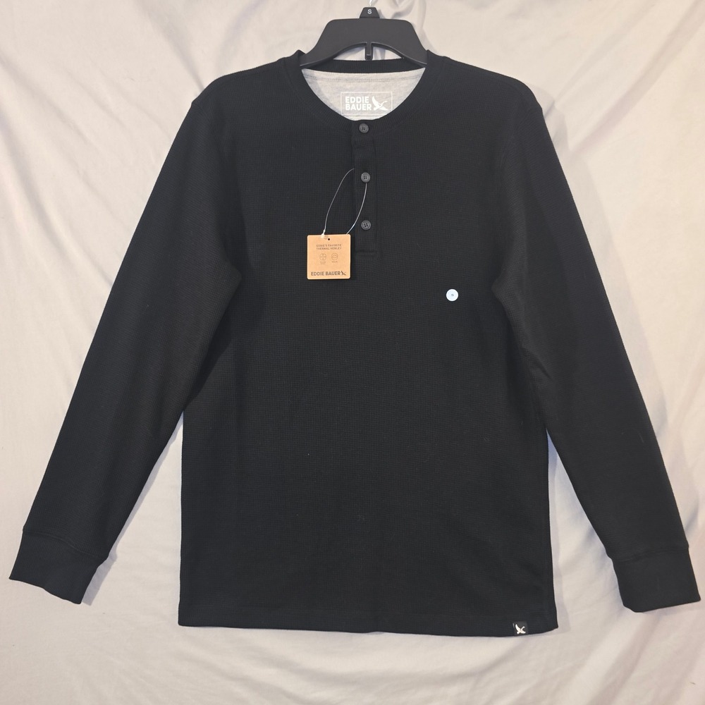 Eddie Bauer Thermal Henley Size S Mens Black Waffle Knit Long Sleeve Shirt